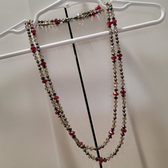 Vintage Red Necklace Gray Burgundy Beaded Crystal Cut Boho Chic 24, 12, 8 inches - Picture 3 of 10